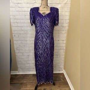 Laurence Kazar NY Petite Med 100% Silk Beaded Evening‎ Gown Party Dress Vintage